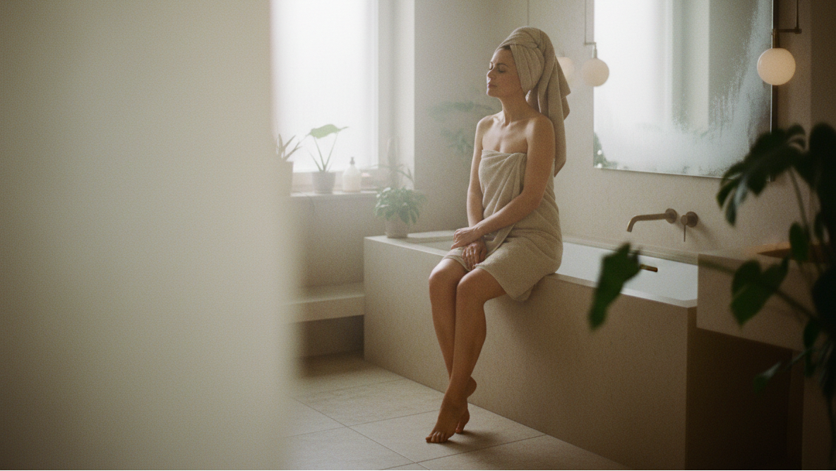 A woman wrapped in a beige towel sits barefoot on the edge of a bathtub in a softly lit bathroom with a window, mirror, and plants.
