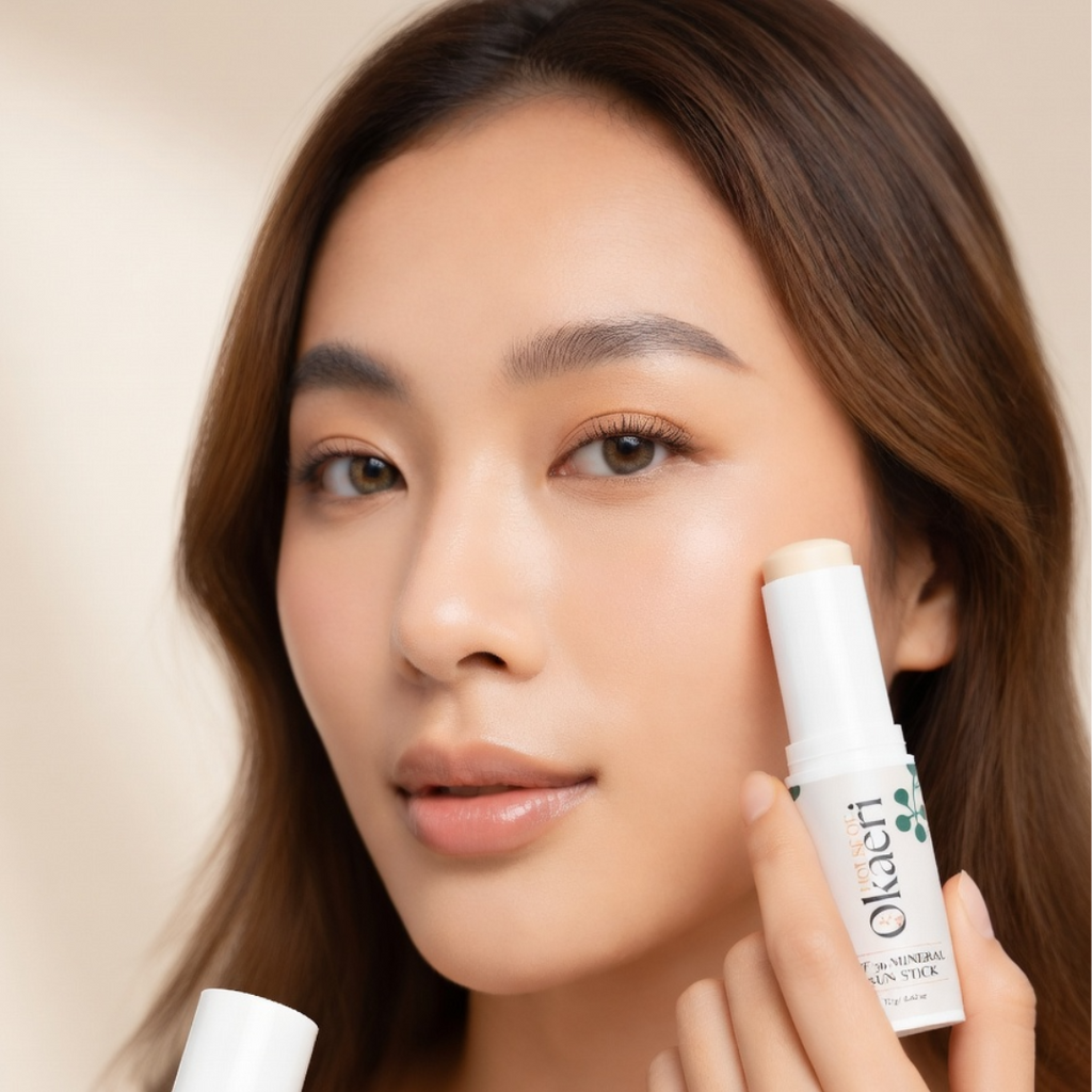 Woman applying skincare product to her face with a focus on the brand 'Okaeri'.