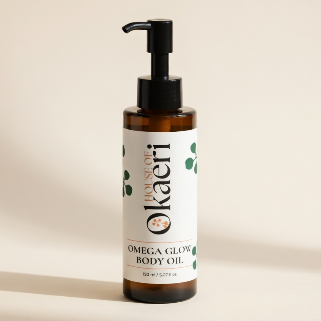 Bottle of House of Okaeri Omega Glow Body Oil on a beige background